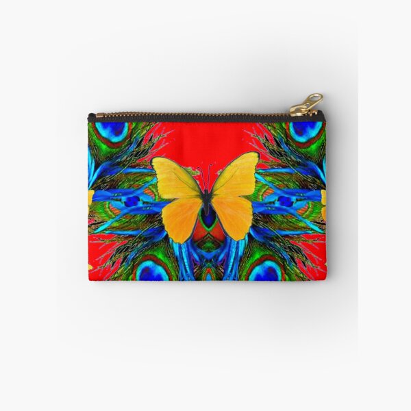 Item preview, YELLOW BUTTERFLIES BLUE PEACOCK FEATHERS RED ART   designed and sold by sharlesart.