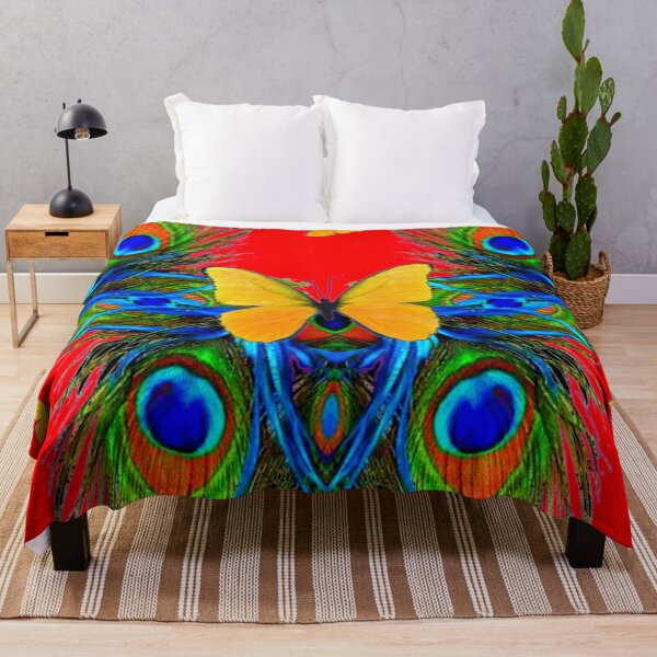 Item preview, YELLOW BUTTERFLIES BLUE PEACOCK FEATHERS RED ART   designed and sold by sharlesart.