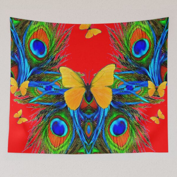 Item preview, YELLOW BUTTERFLIES BLUE PEACOCK FEATHERS RED ART   designed and sold by sharlesart.