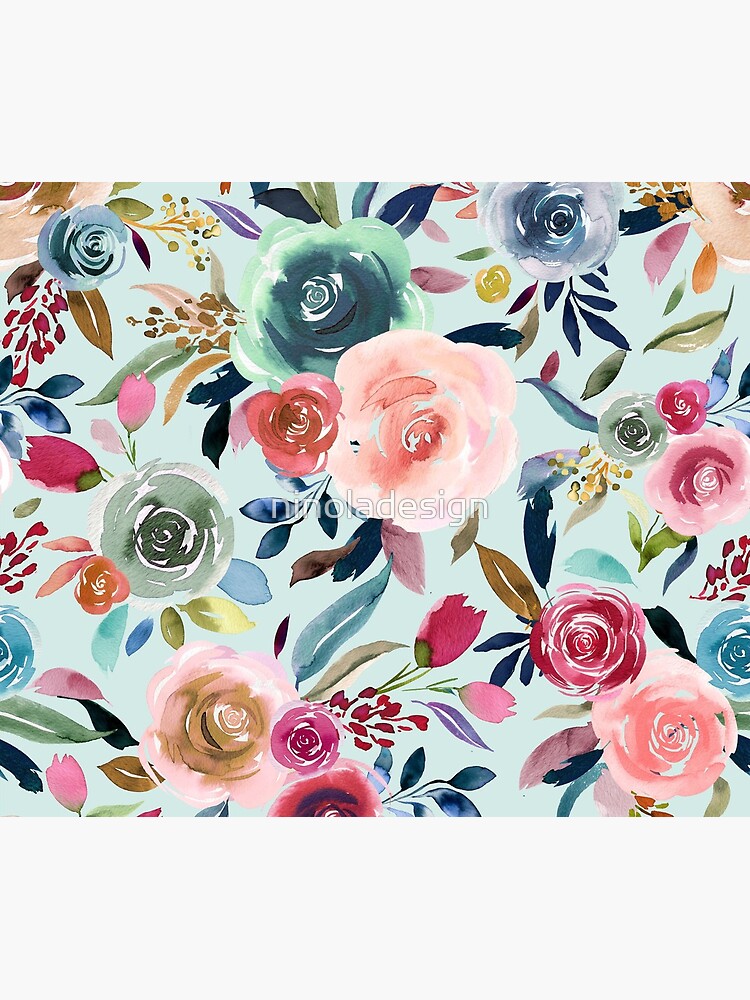 Sweet and Romantic Rose Bouquet - Light Blue Watercolor Floral Print by ninoladesign