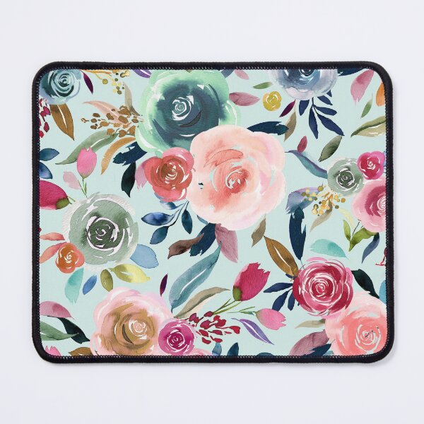 Sweet and Romantic Rose Bouquet - Light Blue Watercolor Floral Print Mouse Pad