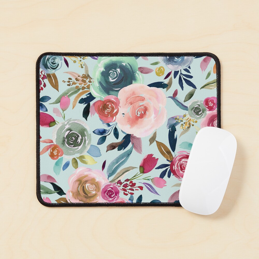 Sweet and Romantic Rose Bouquet - Light Blue Watercolor Floral Print Mouse Pad
