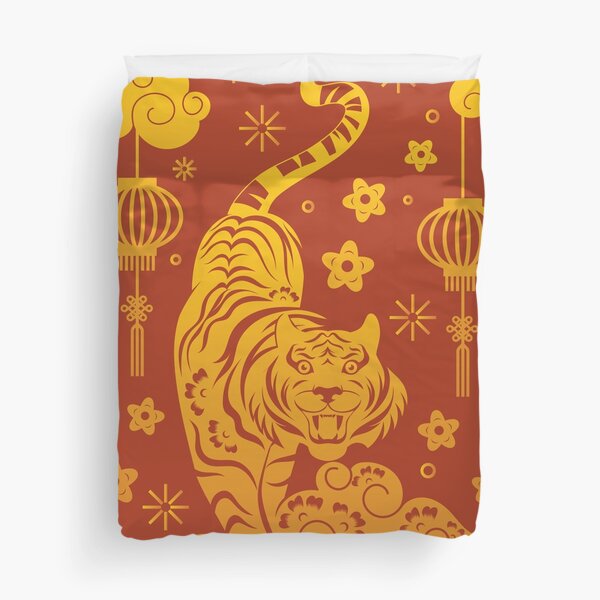Happy Chinese New Year 2022 Year of the Tiger - Gold Tiger on a Cloud - Red Duvet Cover