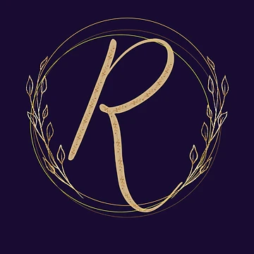 Artwork thumbnail, Letter R - Gold Leaves blue - pattern by Rionda