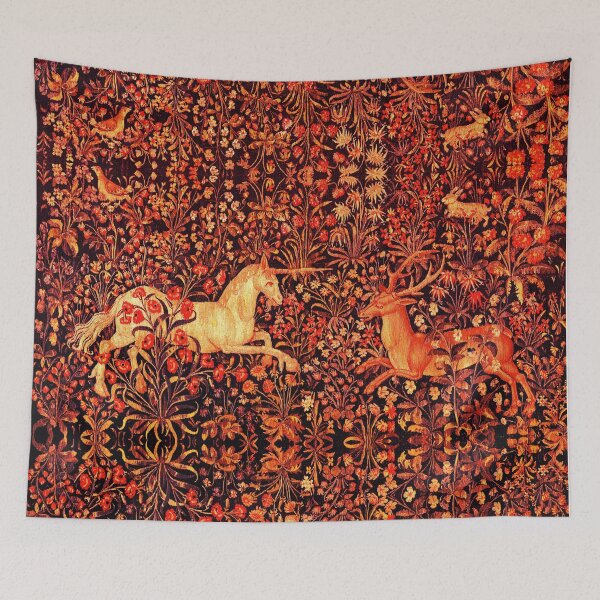Item preview, UNICORN AND DEER AMONG  RED FLOWERS, FOREST ANIMALS FLEMISH FLORAL designed and sold by BulganLumini.