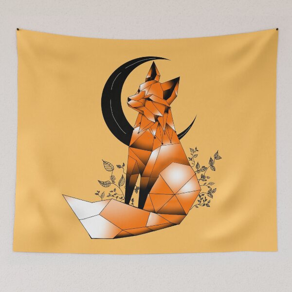 Item preview, Geometric Fox with crescent Moon and leaves pale orange background designed and sold by DemonicGloom.
