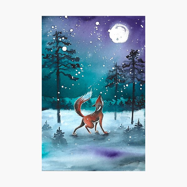 Item preview, Watercolor winter forest with a fox under the moonlight designed and sold by Lillasart.
