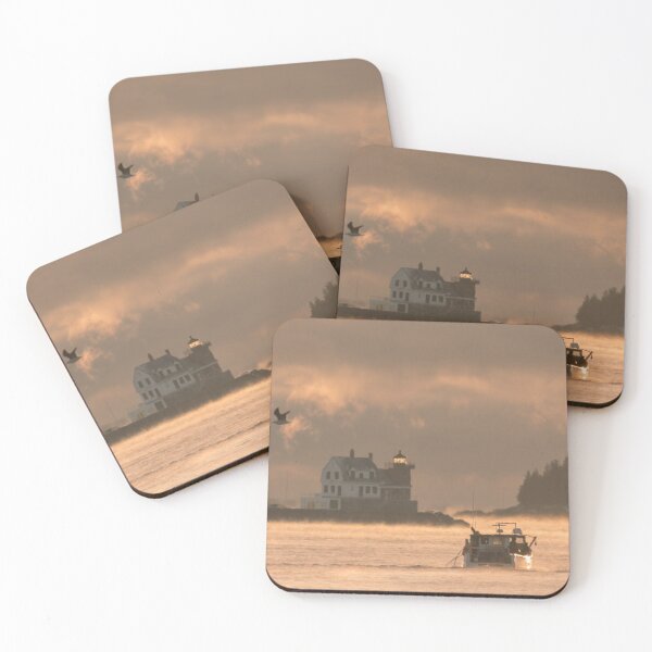 Item preview, F/V North Star heading out to haul in the sea smoke past the Breakwater and Owl's Head Lighthouses designed and sold by LindaCPhoto.