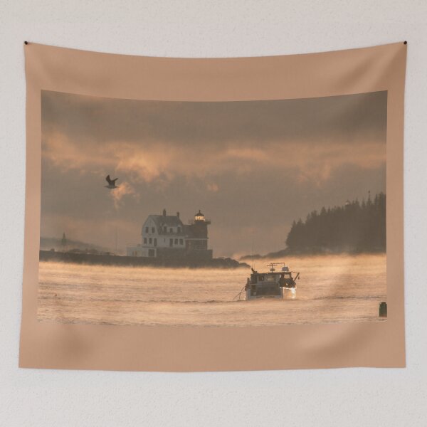 Item preview, F/V North Star heading out to haul in the sea smoke past the Breakwater and Owl's Head Lighthouses designed and sold by LindaCPhoto.