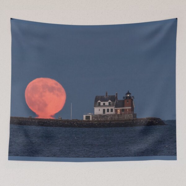 Item preview, Full moon rising over the Breakwater by the Lighthouse in Rockland, Maine, 11/19/21 designed and sold by LindaCPhoto.
