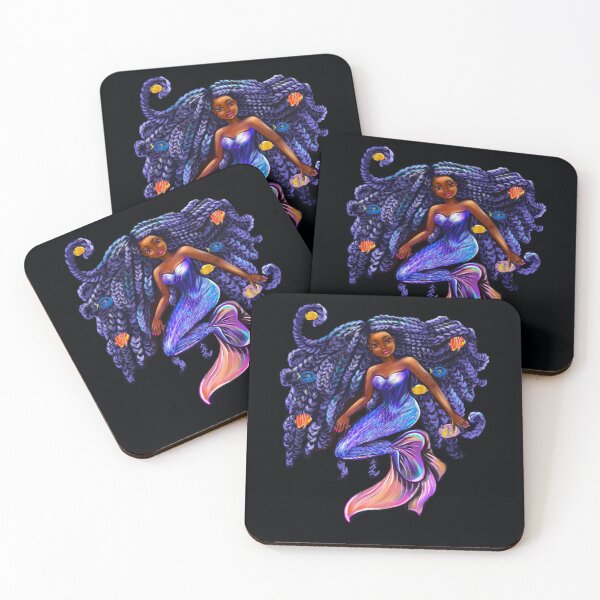 Item preview, mermaid with flowing shimmering blue black braids and fish  , brown eyes curly Afro hair and caramel brown skin designed and sold by Artonmytee.