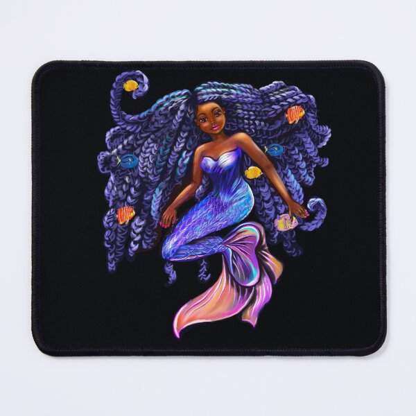 Item preview, mermaid with flowing shimmering blue black braids and fish  , brown eyes curly Afro hair and caramel brown skin designed and sold by Artonmytee.