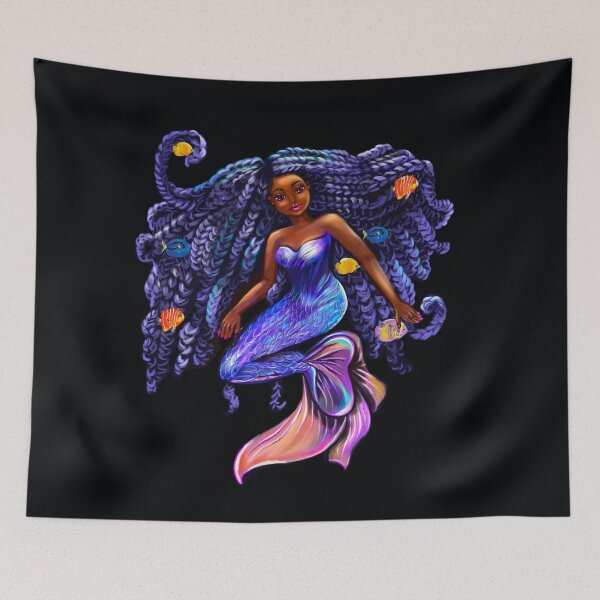 Item preview, mermaid with flowing shimmering blue black braids and fish  , brown eyes curly Afro hair and caramel brown skin designed and sold by Artonmytee.