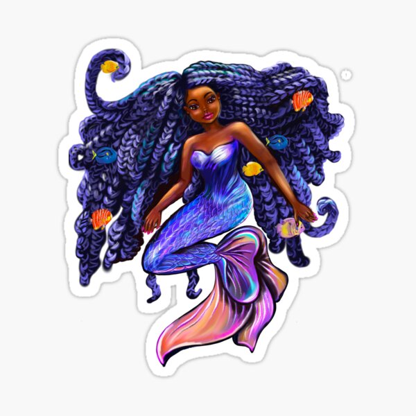 mermaid with flowing shimmering blue black braids and fish  , brown eyes curly Afro hair and caramel brown skin Sticker