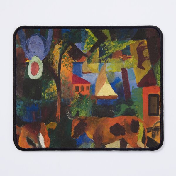Item preview, Expressionist Painting Landscape with Cows, Sailboat, and Painted-in Figures (1914) By August Macke designed and sold by Designedbysm.
