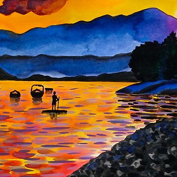 Lake Sunset Painting, Blue Landscape Watercolor Painting, Or