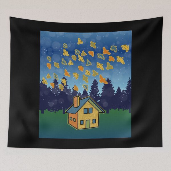Item preview, Landscape Scene House Flock of Birds Sky Trees Retro Colors designed and sold by artfulnotebook.