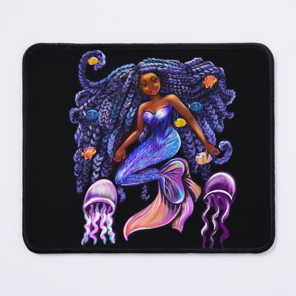 Item preview, mermaid with flowing shimmering blue black braids fish and jelly fish  , brown eyes curly Afro hair and caramel brown skin designed and sold by Artonmytee.