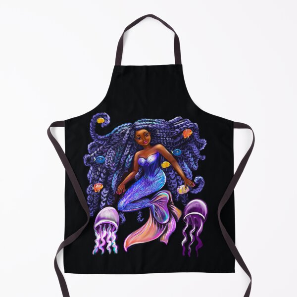Item preview, mermaid with flowing shimmering blue black braids fish and jelly fish , brown eyes curly Afro hair and caramel brown skin designed and sold by Artonmytee.