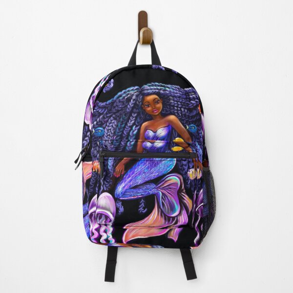 Item preview, mermaid with flowing shimmering blue black braids fish and jelly fish  , brown eyes curly Afro hair and caramel brown skin designed and sold by Artonmytee.