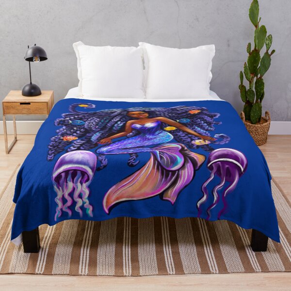 Item preview, mermaid with flowing shimmering blue black braids fish and jelly fish  , brown eyes curly Afro hair and caramel brown skin designed and sold by Artonmytee.