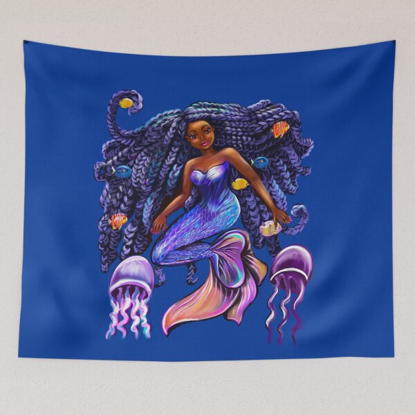 Item preview, mermaid with flowing shimmering blue black braids fish and jelly fish  , brown eyes curly Afro hair and caramel brown skin designed and sold by Artonmytee.