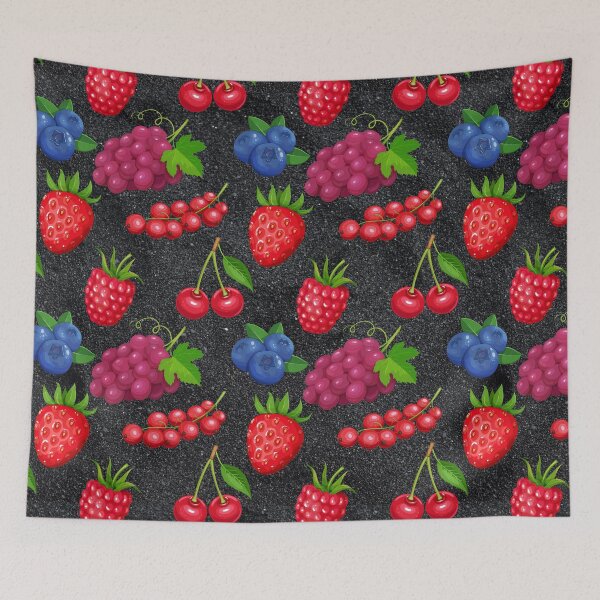 Item preview, Red Grapes and Berries Mixed Fruit on Black Background. Strawberries, Currants, Grapes, Blueberries, Cherries, Raspberries designed and sold by silviaol.