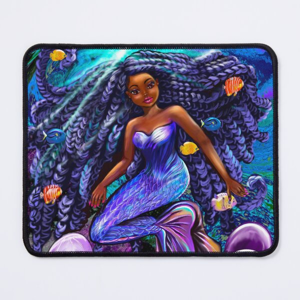 Item preview, mermaid underwater with flowing shimmering blue black braids fish and jelly fish  , brown eyes curly Afro hair and caramel brown skin designed and sold by Artonmytee.