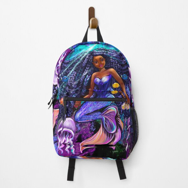 Item preview, mermaid underwater with flowing shimmering blue black braids fish and jelly fish  , brown eyes curly Afro hair and caramel brown skin designed and sold by Artonmytee.