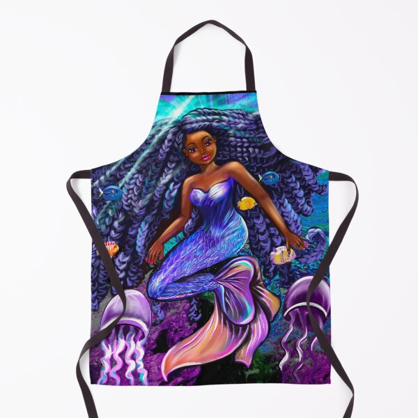 Item preview, mermaid underwater with flowing shimmering blue black braids fish and jelly fish , brown eyes curly Afro hair and caramel brown skin designed and sold by Artonmytee.