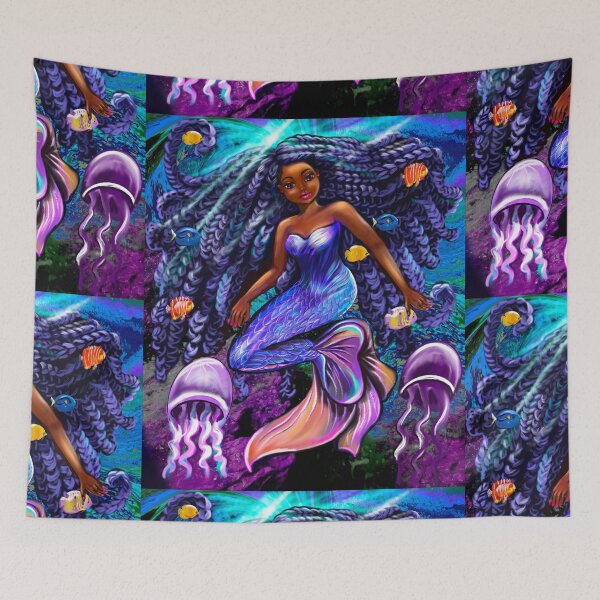 Item preview, mermaid underwater with flowing shimmering blue black braids fish and jelly fish  , brown eyes curly Afro hair and caramel brown skin designed and sold by Artonmytee.