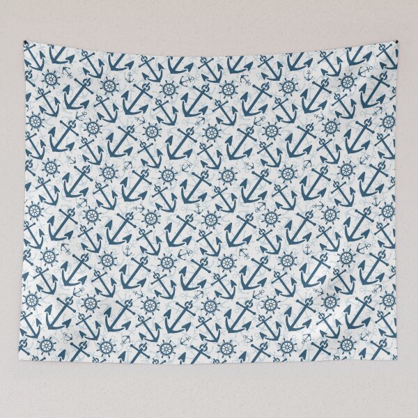 Item preview, Nautical pattern ~ Ship wheels and anchors on navy blue designed and sold by oceanys.