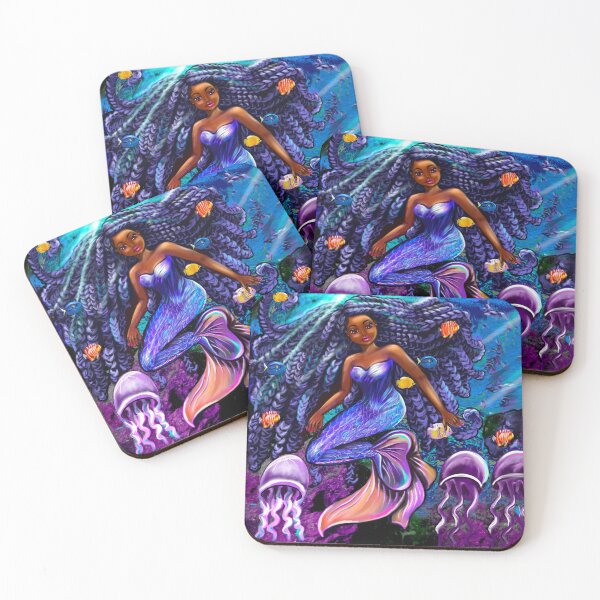 Item preview, mermaid underwater with flowing shimmering blue black braids 2 fish and jelly fish  , brown eyes curly Afro hair and caramel brown skin designed and sold by Artonmytee.