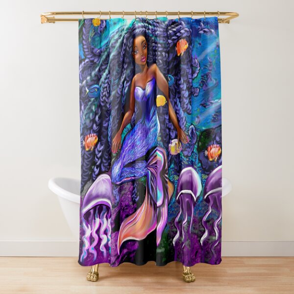 mermaid underwater with flowing shimmering blue black braids 2 fish and jelly fish  , brown eyes curly Afro hair and caramel brown skin Shower Curtain