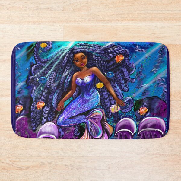 mermaid underwater with flowing shimmering blue black braids 2 fish and jelly fish  , brown eyes curly Afro hair and caramel brown skin Bath Mat