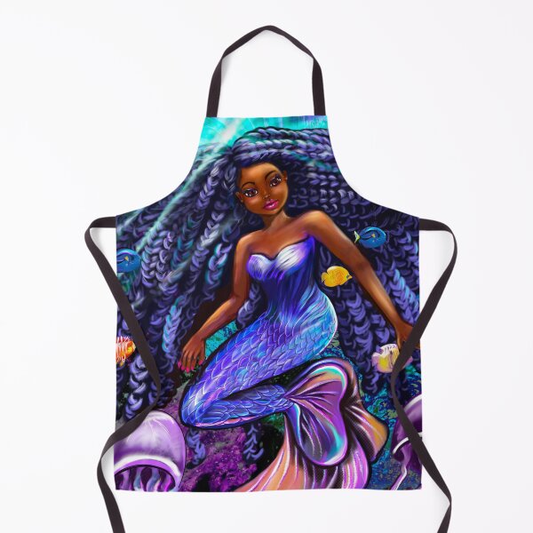 Item preview, mermaid underwater with flowing shimmering blue black braids 2 fish and jelly fish , brown eyes curly Afro hair and caramel brown skin designed and sold by Artonmytee.
