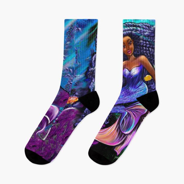 Item preview, mermaid underwater with flowing shimmering blue black braids 2 fish and jelly fish  , brown eyes curly Afro hair and caramel brown skin designed and sold by Artonmytee.