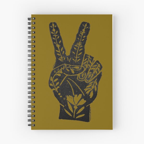 Item preview, Deep Gold Green Teal Floral Peace Sign Lino Print designed and sold by Brenander.