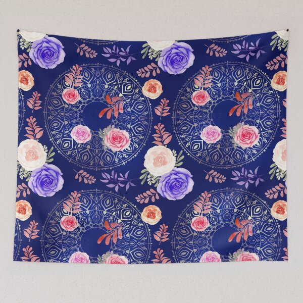 Aperçu de l'œuvre Printemps Mandalas et Roses Chine Bleu créée et vendue par sandpaperdaisy.