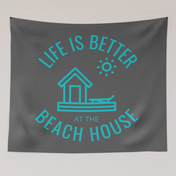 Item preview, Life is better at the beach house. Blue text, illustration designed and sold by JellyBeenzz.