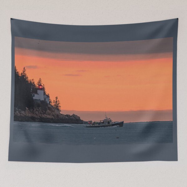 Item preview, Bass Habor Lighthouse in Down East, Maine, with a lobster boat heading out to haul designed and sold by LindaCPhoto.