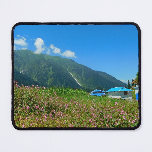 Item preview, Pink flowers, green grass, blue roofs, mountains and clouds of lush valley of kashmir. Love nature. designed and sold by TheNatureTalent.