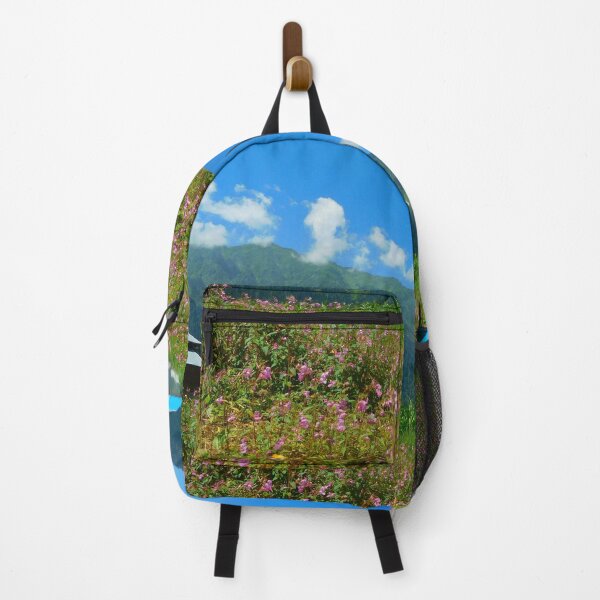 Item preview, Pink flowers, green grass, blue roofs, mountains and clouds of lush valley of kashmir. Love nature. designed and sold by TheNatureTalent.