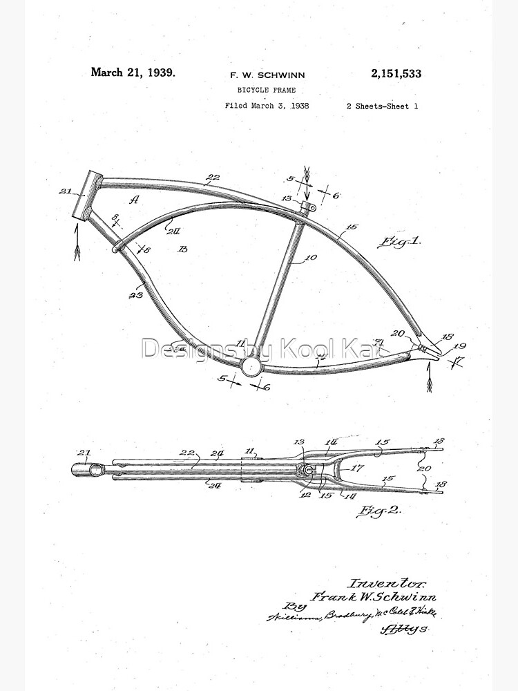 FW Schwinn Bicycle Frame Patent Drawing Circa 1938