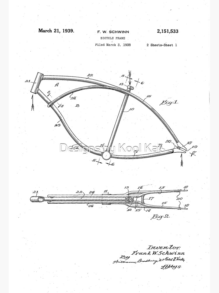 FW Schwinn Bicycle Frame Patent Drawing Circa 1938