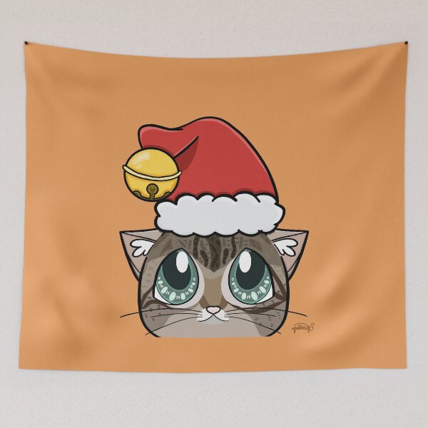 Item preview, Brown Tabby Cat looking up at Santa hat with bell designed and sold by YitingZarts.