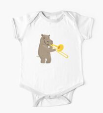 Funny hippo playing music with trombone One Piece - Short Sleeve