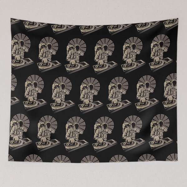 Item preview, DJ astronaut mixing at a party in space pattern black designed and sold by coffeeapparel.