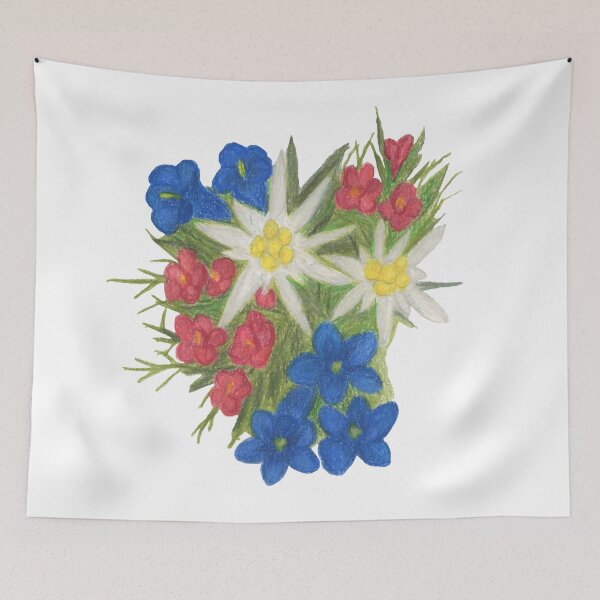 Item preview, Nature, flora, mountains, edelweiss, alpine rose, gentian, bouquet, drawing, colored pencils, bebicervin designed and sold by BebiCervin.