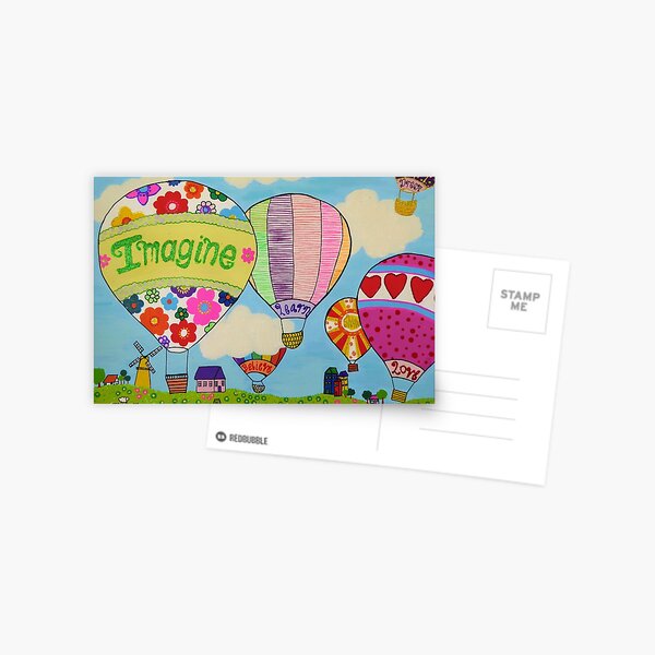 Hot Air Ballons, Imagine, Believe, Learn, Shine, Love, Dream, glitter effect Postcard